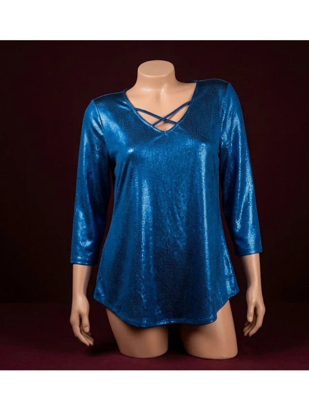 Ruby Rd. Metallic Cobalt Blue Textured Knit Top 3/4 Sleeve Size S